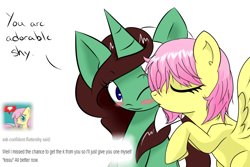 Size: 1280x853 | Tagged: safe, artist:kaggy009, imported from derpibooru, fluttershy, oc, oc only, oc:peppermint pattie (unicorn), pony, unicorn, alternate hairstyle, ask peppermint pattie, female, kissing, mare, solo