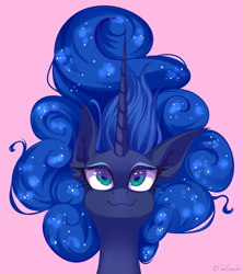 Size: 4000x4497 | Tagged: safe, artist:jun1313, imported from derpibooru, princess luna, alicorn, pony, absurd resolution, bust, cute, digital art, ear fluff, ethereal mane, female, lunabetes, mare, pink background, portrait, simple background, smiling, solo, starry mane