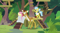 Size: 1920x1080 | Tagged: safe, imported from derpibooru, screencap, clementine, doctor fauna, fluttershy, earth pony, giraffe, pony, she talks to angel, clothes, cloven hooves, female, mare, open mouth, shirt, sweet feather sanctuary, tongue out