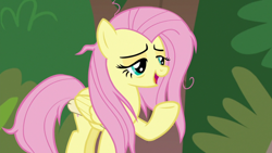 Size: 1920x1080 | Tagged: safe, imported from derpibooru, screencap, fluttershy, pegasus, pony, she talks to angel, female, folded wings, mare, messy mane, open mouth, raised hoof, solo, tired, wings