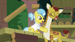 Size: 1920x1080 | Tagged: safe, imported from derpibooru, screencap, clementine, doctor fauna, earth pony, giraffe, pony, she talks to angel, clothes, cute, duo, eyes closed, faunabetes, female, mare, ponytail, shirt, smiling