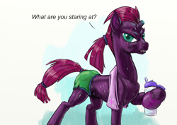 Size: 2000x1414 | Tagged: safe, artist:capt_hairball, imported from derpibooru, fizzlepop berrytwist, tempest shadow, pony, unicorn, butt, clothes, glare, hip, implied shipping, implied tempestlight, looking at you, partial nudity, ponytail, shorts, sweat, topless, towel, water bottle, workout outfit