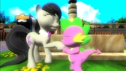 Size: 1024x575 | Tagged: safe, artist:undeadponysoldier, imported from derpibooru, octavia melody, spike, dragon, earth pony, pony, 3d, bowtie, collar, cute, female, fountain, gmod, happy, holding hoof, hoof kissing, kissing, kissing hoof, male, mare, millenial fair, pleased, shipping, smiling, spiketavia, straight, tent