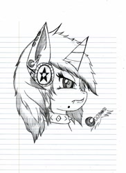 Size: 930x1280 | Tagged: safe, artist:crescentpony, imported from derpibooru, oc, oc only, oc:crescent moon, pony, unicorn, bust, choker, ear piercing, fangs, female, headphones, horn, lineart, lined paper, mare, piercing, signature, solo, spiked choker, traditional art, unicorn oc