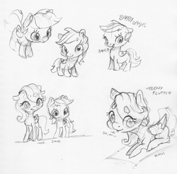 Size: 2369x2332 | Tagged: safe, artist:dilarus, deleted from derpibooru, imported from derpibooru, fluttershy, rainbow dash, pegasus, pony, beanbrows, dialogue, eyebrows, female, filly, heart, monochrome, simple background, size difference, smoldash, tallershy, traditional art, white background, younger