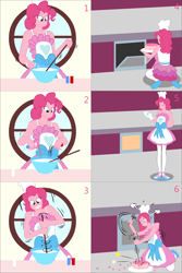 Size: 2000x3000 | Tagged: safe, artist:lzh, derpibooru exclusive, imported from derpibooru, pinkie pie, equestria girls, apron, cake, clothes, comic, female, food, old master q, pinkamena diane pie, rock, window