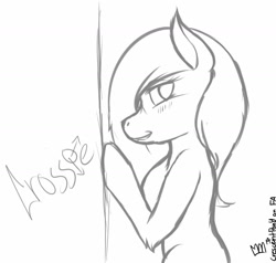 Size: 1280x1217 | Tagged: safe, artist:crescentpony, imported from derpibooru, oc, oc only, oc:crossie, earth pony, pony, earth pony oc, female, lineart, mare, monochrome, signature, smiling, solo