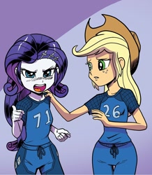 Size: 1068x1224 | Tagged: safe, artist:pencils, edit, idw, imported from derpibooru, applejack, rarity, equestria girls, spoiler:comic, spoiler:comicequestriagirlsmarchradness, angry, clothes