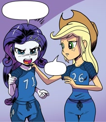 Size: 1068x1224 | Tagged: safe, artist:pencils, edit, idw, imported from derpibooru, applejack, rarity, equestria girls, spoiler:comic, spoiler:comicequestriagirlsmarchradness, angry, clothes, duo, hand on shoulder, speech bubble, textless