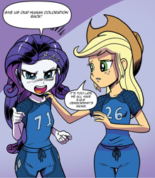 Size: 1068x1224 | Tagged: safe, artist:pencils, edit, idw, imported from derpibooru, applejack, rarity, equestria girls, spoiler:comic, spoiler:comicequestriagirlsmarchradness, censorship, hasbro, op is a duck, op is trying to start shit