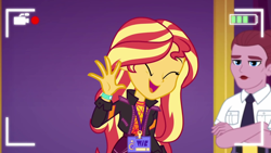 Size: 1920x1080 | Tagged: safe, imported from derpibooru, screencap, mulberry barricade, sunset shimmer, equestria girls, equestria girls series, how to backstage, spoiler:eqg series (season 2), background human, cute, duo, female, recording, security guard, selfie drone, shimmerbetes, smiling, waving