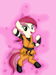 Size: 3024x4032 | Tagged: safe, artist:background basset, derpibooru exclusive, imported from derpibooru, roseluck, earth pony, pony, belt, black belt, capsule corp, clothes, gi, goku, robes, shoes, simple background, son goku