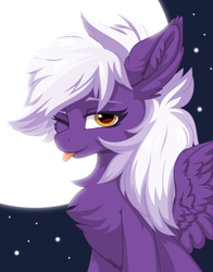 Size: 4000x5092 | Tagged: safe, artist:up1ter, derpibooru exclusive, imported from derpibooru, oc, oc only, oc:nighty cloud, pegasus, pony, :p, cheek fluff, chest fluff, cute, ear fluff, female, fluffy, looking at you, moon, night, one eye closed, solo, spread wings, stars, style emulation, tongue out, wings, wink