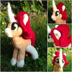 Size: 852x852 | Tagged: safe, artist:noxi1_48, imported from derpibooru, oc, oc:treble pen, pony, unicorn, happy, horn, plushie, red mane, unicorn oc