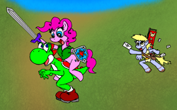 Size: 952x592 | Tagged: safe, artist:vinny_van_yiffy, imported from derpibooru, derpy hooves, pinkie pie, yoshi, clothes, cosplay, costume, crossover, link, super mario bros., the legend of zelda, the legend of zelda: twilight princess