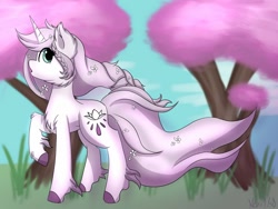 Size: 1200x900 | Tagged: safe, artist:noxi1_48, imported from derpibooru, oc, pony, unicorn, cherry blossoms, cherry tree, cutie mark, floating mane, flower, flower blossom, flower in hair, happy, horn, pink mane, tree, unicorn oc