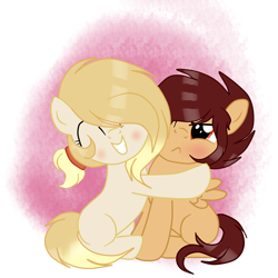 Size: 3000x3000 | Tagged: safe, artist:applerougi, imported from derpibooru, oc, oc only, oc:cremita, earth pony, pegasus, pony, female, filly, high res, hug