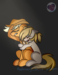 Size: 3636x4704 | Tagged: safe, artist:applerougi, imported from derpibooru, applejack, oc, oc:cremita, earth pony, pony, crying, female, high res, hug, mare