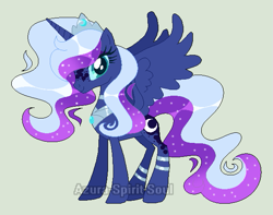 Size: 601x474 | Tagged: safe, artist:azura-spirit-soul, artist:selenaede, imported from derpibooru, nightmare moon, princess luna, alicorn, pony, alternate hairstyle, alternate universe, anklet, base used, crown, female, gray background, jewelry, mare, markings, redesign, regalia, simple background, solo, watermark