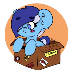 Size: 1600x1600 | Tagged: safe, artist:minty joy, imported from derpibooru, oc, oc only, oc:brushie brusha, pony, blush sticker, blushing, box, chibi, cute, pony in a box, simple background, solo, transparent background, ych result