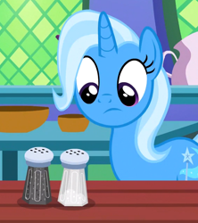 Size: 568x640 | Tagged: safe, imported from derpibooru, screencap, trixie, pony, unicorn, all bottled up, cropped, female, mare, salt and pepper shakers, solo