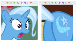 Size: 440x242 | Tagged: safe, imported from derpibooru, screencap, trixie, pony, unicorn, derpibooru, all bottled up, butt, female, juxtaposition, juxtaposition win, mare, meme, meta, open mouth, plot, the great and powerful ass