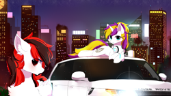 Size: 3840x2160 | Tagged: safe, artist:heddopen, imported from derpibooru, oc, oc only, oc:gliterry, oc:sprinkles, pegasus, pony, unicorn, background pony, building, car, chest fluff, city, ear fluff, female, headphones, jewelry, looking at you, necklace, night, range rover