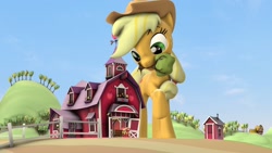 Size: 1280x720 | Tagged: safe, artist:jeroen01, imported from derpibooru, apple bloom, applejack, big macintosh, 3d, apple siblings, apple sisters, barn, big pony, brother and sister, macro, ncmares bait, siblings, sisters, sweet apple acres, tree