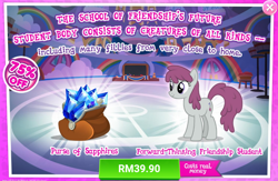 Size: 1032x673 | Tagged: safe, imported from derpibooru, berry cola, earth pony, pony, advertisement, background pony, costs real money, female, friendship student, gameloft, gem, mare, official, purse, sapphire