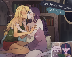 Size: 1350x1080 | Tagged: safe, artist:tcn1205, imported from derpibooru, applejack, rarity, twilight sparkle, human, equestria girls, look before you sleep, alternate scenario, angry, angry kissing, bare shoulders, book, bookshelf, clothes, cross-popping veins, digital art, equestria girls interpretation, eyes closed, female, kiss on the lips, kissing, lesbian, nightgown, pajamas, pillow, question mark, rarijack, scene interpretation, shipping, sleepover, sleeveless, slumber party, tsundere, tsunderity, tsunjack