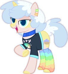 Size: 2728x2976 | Tagged: safe, artist:bee, artist:rerorir, imported from derpibooru, oc, oc only, oc:lunar breeze, pony, unicorn, base used, clothes, collar, commission, ear piercing, earring, female, jewelry, mare, markings, open mouth, piercing, rainbow socks, raised hoof, shirt, socks, solo, striped socks, t-shirt