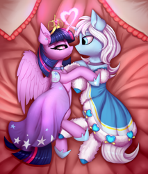 Size: 2556x3000 | Tagged: safe, artist:lightly-san, imported from derpibooru, twilight sparkle, oc, oc:crystal tundra, alicorn, pony, unicorn, adorasexy, bed, big crown thingy, canon x oc, clothes, collar, commission, crossdressing, crown, crytwi, cute, diadem, dress, ear piercing, earring, element of magic, female, fluffy, heart, hoof hold, hoof shoes, horn, horn ring, jewelry, looking at each other, magic, male, piercing, regalia, sexy, shoes, snuggling, socks, starry dress, tiara, twilight sparkle (alicorn)