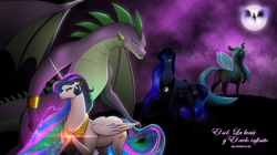 Size: 5000x2800 | Tagged: safe, artist:evoheaven, imported from derpibooru, nightmare moon, princess celestia, princess luna, queen chrysalis, spike, alicorn, dragon, pony, absurd resolution, ass, bugbutt, butt, fanfic, fanfic art, female, glow, glowing, glowing mane, hair, jewelry, male, moon, multicolored mane, night, sexy, shipping, spikelestia, straight, stupid sexy celestia, sunbutt, the ass was fat, wallpaper