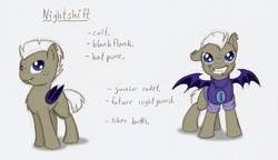 Size: 1135x656 | Tagged: safe, artist:ravenpuff, imported from derpibooru, oc, oc only, oc:nightshift, clothes, colt, duo, freckles, male, reference sheet, smiling, spread wings, traditional art, wings