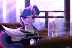 Size: 2400x1600 | Tagged: safe, artist:celes-969, artist:spirit-fire360, imported from derpibooru, twilight sparkle, alicorn, pony, bong, clothes, drugs, ear piercing, female, grin, high, highlight sparkle, lighter, mare, piercing, redraw, smiling, smoking, solo, stoned, stoner twilight, twilight sparkle (alicorn)