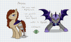 Size: 1280x755 | Tagged: safe, artist:ravenpuff, imported from derpibooru, oc, oc only, oc:morgana, amputee, chest fluff, disguise, duo, dyed coat, fangs, female, freckles, frown, graph paper, helmet, mare, night guard, prosthetic limb, prosthetics, reference sheet, spread wings, traditional art, wings