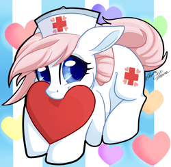 Size: 2263x2210 | Tagged: safe, artist:gleamydreams, imported from derpibooru, nurse redheart, earth pony, pony, blue eyes, cute, female, hat, heart, heartabetes, looking at you, mare, nurse, smiling, smiling at you, solo