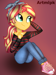 Size: 1536x2048 | Tagged: safe, artist:artmlpk, imported from derpibooru, sunset shimmer, equestria girls, adorable face, alternate hairstyle, bandana, clothes, converse, cute, denim, digital art, fashion, fashion style, female, jeans, long sleeve shirt, long sleeved shirt, looking over shoulder, pants, ponytail, shimmerbetes, shirt, shoes, simple background, sitting, smiling, sneakers, solo, style