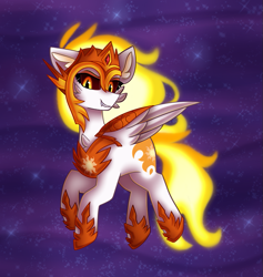 Size: 739x778 | Tagged: safe, artist:clairedaartiste444, artist:tater, imported from derpibooru, daybreaker, alicorn, pony, rapidash, a royal problem, cheek fluff, chest fluff, ear fluff, female, fiery mane, flying, helmet, hoof shoes, looking at you, mare, smiling, solo, wings