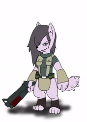 Size: 1451x2048 | Tagged: safe, artist:omegapony16, imported from derpibooru, oc, oc only, anthro, diamond dog, digitigrade anthro, clothes, diamond dog oc, female, female diamond dog, gun, hair over one eye, simple background, soldier, solo, weapon, white background