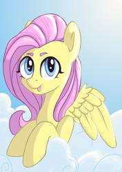 Size: 2480x3508 | Tagged: safe, artist:angelinarichter, imported from derpibooru, fluttershy, pegasus, pony, :p, bust, cloud, cute, female, high res, mare, mlem, on a cloud, shyabetes, silly, sky, solo, sun, tongue out