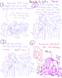 Size: 4779x6013 | Tagged: safe, artist:adorkabletwilightandfriends, imported from derpibooru, berry punch, berryshine, cheerilee, cloudchaser, flitter, twilight sparkle, alicorn, earth pony, pegasus, pony, comic:adorkable twilight and friends, adorkable, adorkable twilight, arched back, ass up, bend over, bending, bent over, bow, butt, clothes, comic, concerned, confident, contorted, cute, dimples, dimples of venus, dork, downward dog, exercise, hot yoga, humor, innuendo, plot, pose, poses, rec center, slice of life, socks, stretch, stretching, sweat, twibutt, twilight sparkle (alicorn), workout, yoga