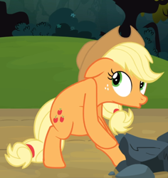 Size: 790x837 | Tagged: safe, imported from derpibooru, screencap, applejack, earth pony, pony, season 3, spike at your service, applejack's hat, belly, bipedal, bush, cowboy hat, cropped, female, floppy ears, flower, hat, looking back, mare, rock, silly, silly pony, solo, stuck, who's a silly pony