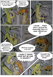 Size: 710x1028 | Tagged: safe, artist:mysteriousshine, imported from derpibooru, daring do, pegasus, pony, unicorn, comic:the children of the night, comic, dialogue, eyes closed, female, hat, mare, pith helmet, traditional art, underhoof