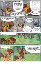 Size: 646x1011 | Tagged: safe, artist:mysteriousshine, imported from derpibooru, a.k. yearling, daring do, rainbow dash, pegasus, pony, unicorn, comic:the children of the night, cloak, clothes, comic, dialogue, female, forest, glasses, hat, mare, pith helmet, prone, sleeping, traditional art