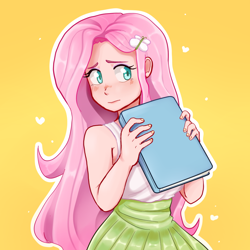 Size: 1024x1024 | Tagged: safe, artist:lore, artist:lorepeepsblue, imported from derpibooru, fluttershy, human, equestria girls, blushing, book, clothes, cute, female, heart, human coloration, humanized, pixiv, shyabetes, simple background, skirt, solo, white outline, yellow background