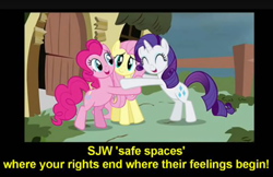 Size: 1321x854 | Tagged: safe, edit, edited screencap, imported from derpibooru, screencap, fluttershy, pinkie pie, rarity, pony, putting your hoof down, anti-sjw, hug, mouthpiece, op is a duck, op is trying to start shit, politics, safe space, social justice warrior, text