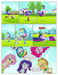 Size: 612x792 | Tagged: safe, artist:greatdinn, artist:newbiespud, edit, edited screencap, imported from derpibooru, screencap, applejack, fluttershy, pinkie pie, rainbow dash, rarity, twilight sparkle, comic:friendship is dragons, equestria girls, equestria girls (movie), clothes, collaboration, comic, cutie mark, cutie mark on clothes, dialogue, eyes closed, female, football, frown, grin, hat, humane five, humane six, lying down, on back, screencap comic, smiling, sports, unamused