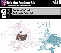 Size: 800x699 | Tagged: safe, artist:sintakhra, imported from derpibooru, discord, gallus, princess celestia, griffon, pony, tumblr:studentsix, book, cup, discord (program), magic, namesake, pun, surprised, teacup, teleportation, trollestia