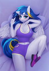 Size: 1181x1714 | Tagged: safe, artist:frieder1, imported from derpibooru, oc, oc only, anthro, pegasus, plantigrade anthro, anthro oc, bedroom eyes, belly button, blushing, breasts, cleavage, clothes, cute, female, gym shorts, laying on bed, looking at you, lying on bed, mare, midriff, shoes, shorts, sneakers, solo, sports bra, sports shorts, tail, tanktop, tomboy, wings, ych result